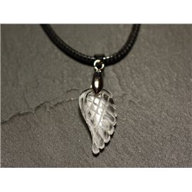 Stone Pendant Necklace - Rock Crystal Quartz Engraved Wing 24mm 