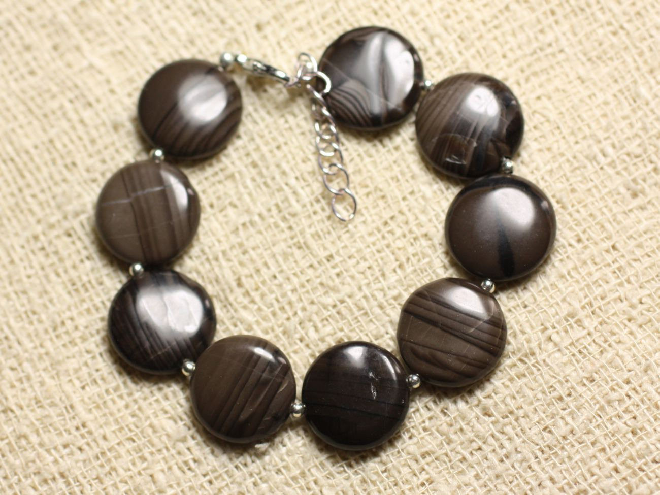 Bracelet Argent 925 et Pierre - Jaspe Café Palets 15mm 