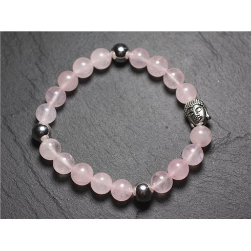 Bracelet Bouddha et Pierre semi précieuse - Quartz Rose 8mm 