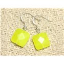 Boucles d'Oreilles Argent 925 et Pierre - Jade Jaune Fluo Carrés Facettés 14mm 