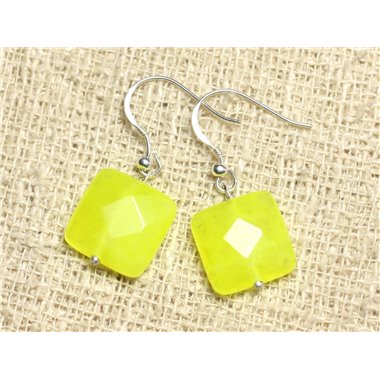 Boucles d'Oreilles Argent 925 et Pierre - Jade Jaune Fluo Carrés Facettés 14mm 