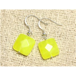925 Silver and Stone Earrings - Neon Yellow Jade Faceted Square 14mm 