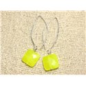 Boucles d'Oreilles Argent 925 et Pierre - Jade Jaune Fluo Carrés Facettés 14mm 