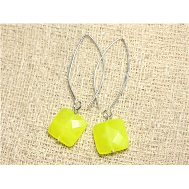 Boucles d'Oreilles Argent 925 et Pierre - Jade Jaune Fluo Carrés Facettés 14mm 