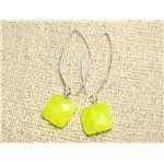 Boucles d'Oreilles Argent 925 et Pierre - Jade Jaune Fluo Carrés Facettés 14mm 