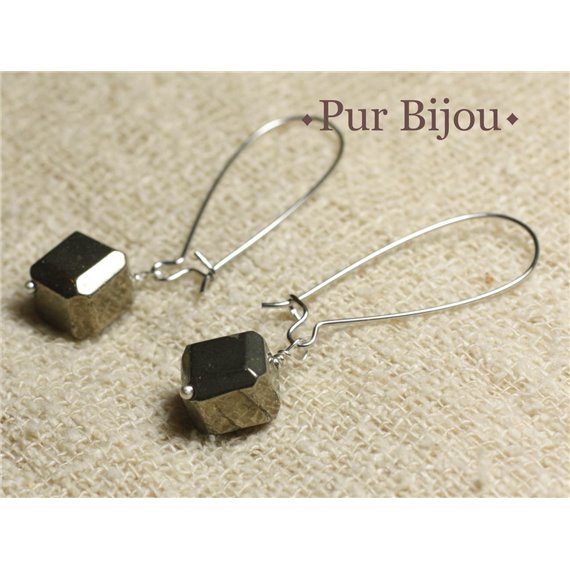 Boucles d'Oreilles Pierre semi précieuse - Pyrite dorée Cubes 10mm 