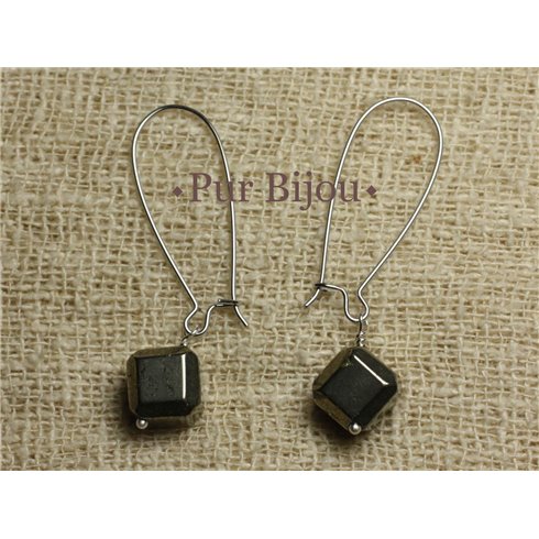 Boucles d'Oreilles Pierre semi précieuse - Pyrite dorée Cubes 10mm