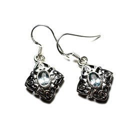 BO235 - Earrings Silver 925 and Stone - Diamonds Filigranes Arabesques 16mm Blue Topaz 