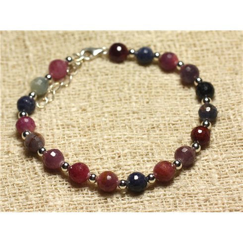 Bracelet Argent 925 et Perles de Rubis et Saphir Facettées 6mm
