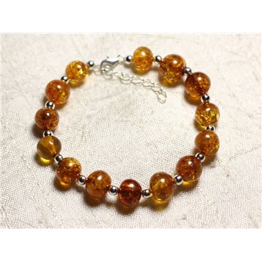 Bracelet Argent 925 et Pierre Ambre naturelle baltique Orange Cognac Boules pailletées