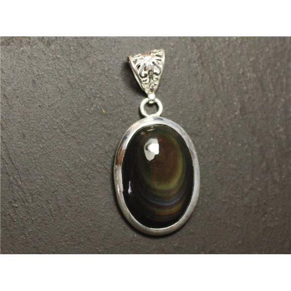 n57 - Pendentif Argent 925 et Pierre - Obsidienne Arc en Ciel Oeil Céleste Ovale 26x18mm 