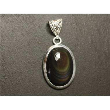 n57 - Pendentif Argent 925 et Pierre - Obsidienne Arc en Ciel Oeil Céleste Ovale 26x18mm 