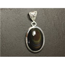n57 - Ciondolo in argento 925 e pietra - Ovale con occhio celeste di ossidiana arcobaleno 26x18mm 