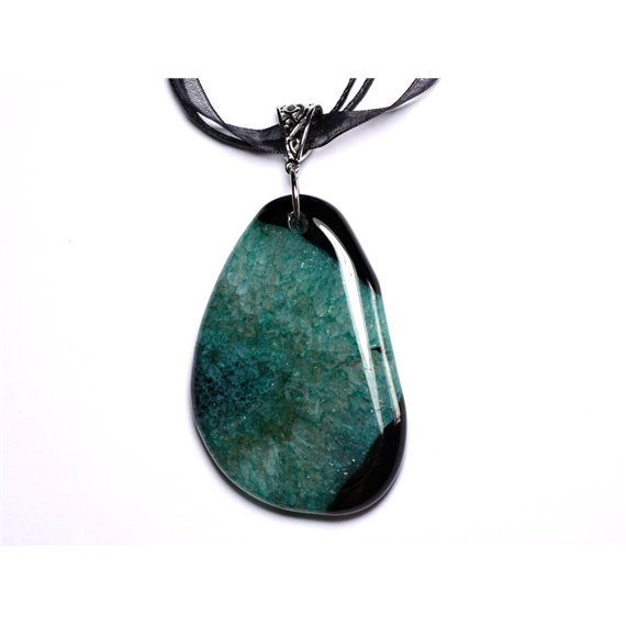 N12 - Collier Pendentif en Pierre - Agate noire et Quartz Turquoise Goutte 60mm 