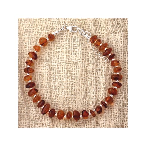 Bracelet Argent 925 et Pierre Ambre Naturelle Baltique Chips Rocailles Cognac Orange