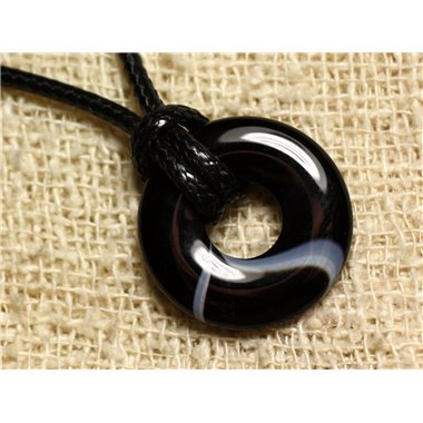 Collier Pendentif en Pierre - Agate noire et blanche Donut 20mm 