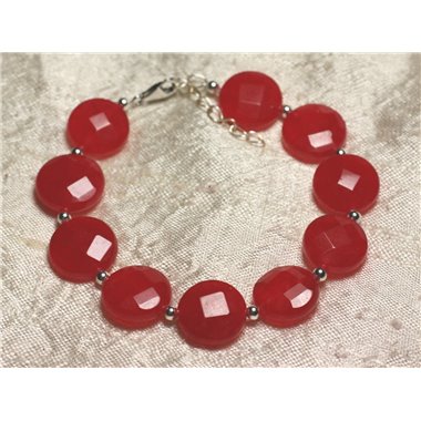 Bracelet Argent 925 et Pierre - Jade Palets Facettés 14mm Rouge 