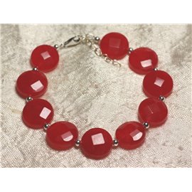 Bracelet 925 Silver and Stone - Jade Faceted Palets 14mm Red 