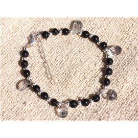 Pulsera Plata 925 y Piedra - Turmalina Negra y Cuarzo Gotas Facetadas de Turmalina 10mm 