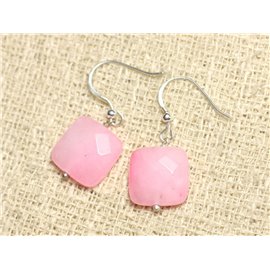 925 Silver and Stone Earrings - Light Pink Jade Faceted Square 14mm 