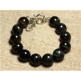 Bracelet 925 Silver and Falcon Eye Stone Beads 14mm