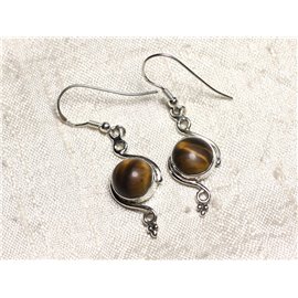 BO213 - 925 Silver Earrings with Tiger Eye Stone Round Spirals 30mm 