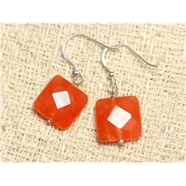 925 Silver and Stone Earrings - Orange Jade Faceted Square 14mm 