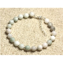 Bracelet 925 Silver and Stone - White Jade and Almond Green 6mm