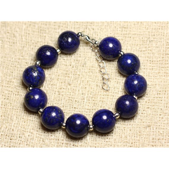 Bracelet Argent 925 et Pierre - Lapis Lazuli Boules 12mm 