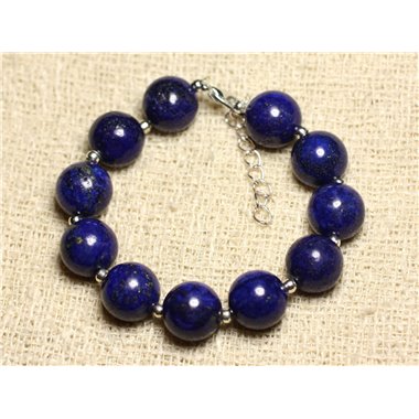 Bracelet Argent 925 et Pierre - Lapis Lazuli Boules 12mm 