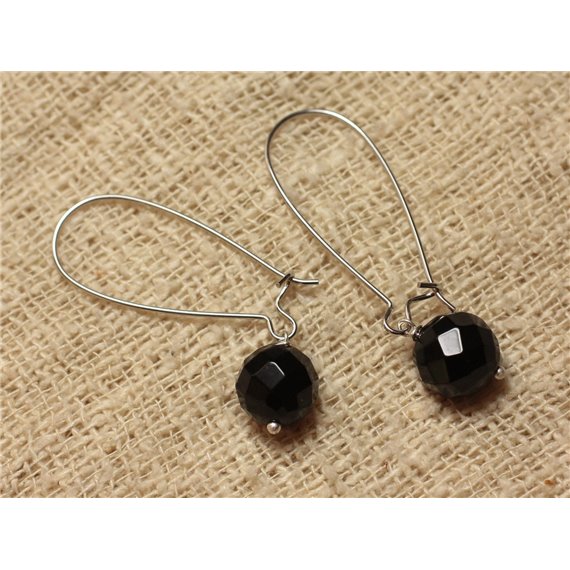 Boucles d'Oreilles Onyx Noir Facetté 10mm et longs crochets Argentés 