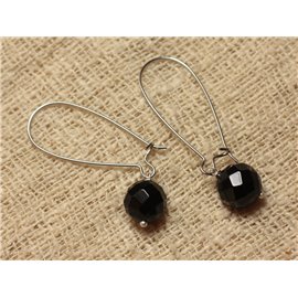 10 mm facettierte schwarze Onyx-Ohrringe und lange silberne Haken 