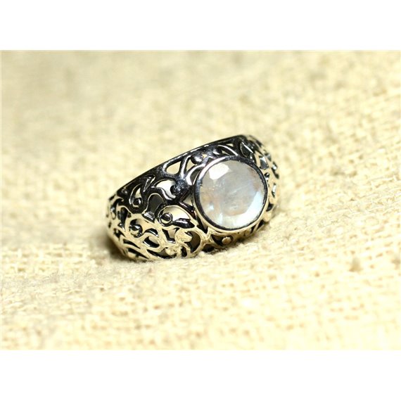 N112 - Bague Argent 925 Filigrane Arabesques - Pierre de Lune Rond Facetté 8mm 