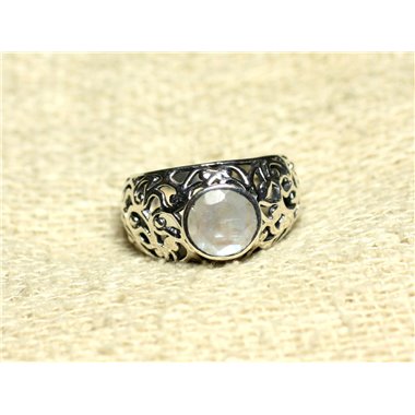 N112 - Bague Argent 925 Filigrane Arabesques - Pierre de Lune Rond Facetté 8mm 