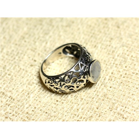 N112 - Bague Argent 925 Filigrane Arabesques - Pierre de Lune Rond Facetté 8mm 