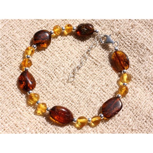 Bracelet Argent 925 et Ambre Baltique - Miel et Cognac 4-14mm 