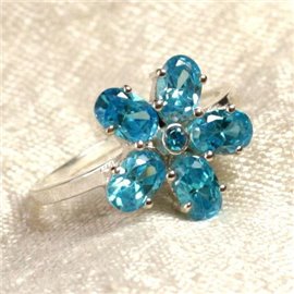 N113 - 925 Sterling Silber und Stein Ring - Blaue Topasblume 15mm