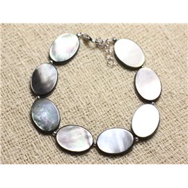 Bracelet Argent 925 et Coquillage Nacre Naturelle Ovales 18x13mm gris noir argenté irisé