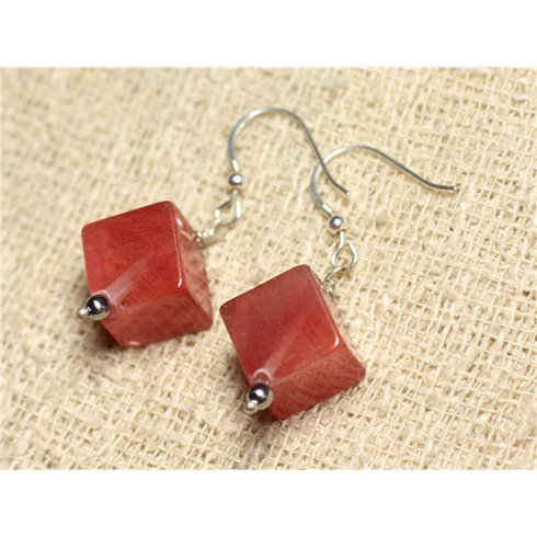 Boucles d'Oreilles Argent 925 et Pierre - Quartz Cerise Cubes 15mm