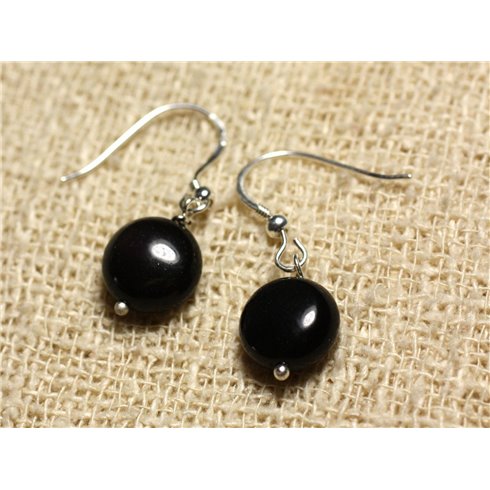 Boucles d'Oreilles Argent 925 - Obsidienne noire Palets 10mm 