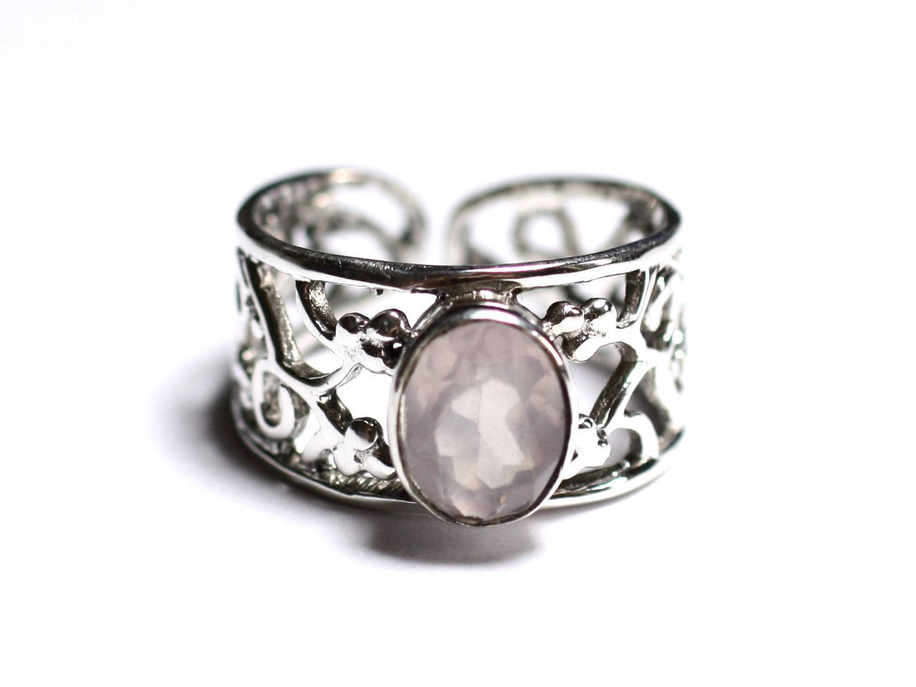 N224 - Bague Argent 925 et Pierre - Quartz Rose Ovale Facetté 9x7mm 