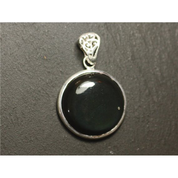 n51 - Pendentif Argent 925 et Pierre - Obsidienne Arc en Ciel Oeil Céleste Rond 25mm 