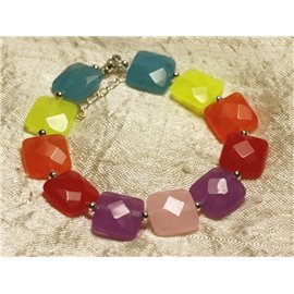Bracelet 925 Silver and Stone - Multicolored Jade Faceted Squares 14mm