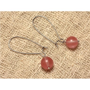 Boucles d'Oreilles Métal Argenté et Pierre - Quartz Cerise 10mm