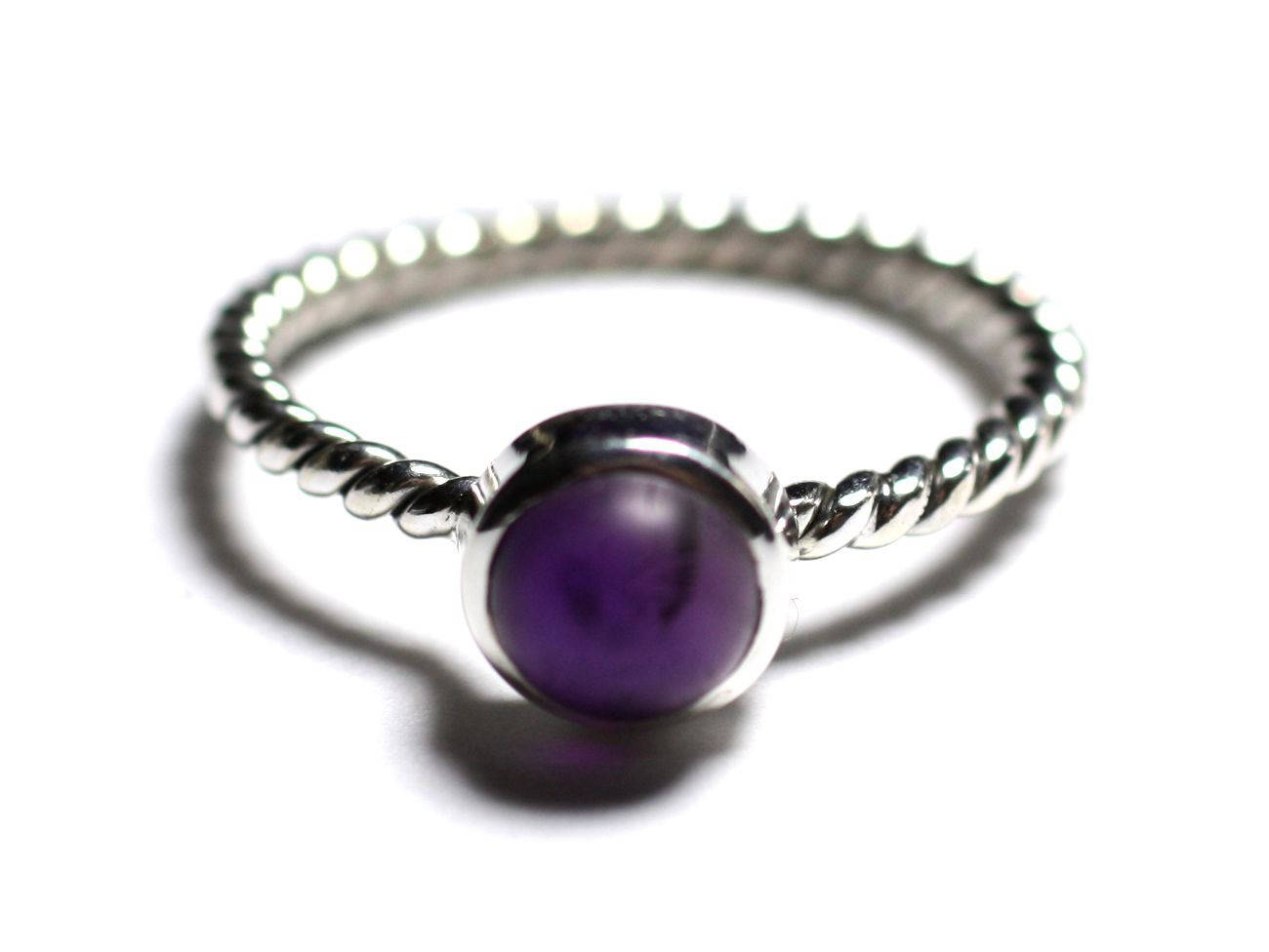 N231 - Bague Argent 925 et Pierre - Améthyste Mat 6mm Anneau torsade 