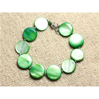 Bracelet Argent 925 et Nacre Palets 15mm Vert 