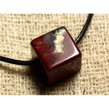 Collier Pendentif en Pierre - Jaspe Rouge Bréchique Cube 15mm