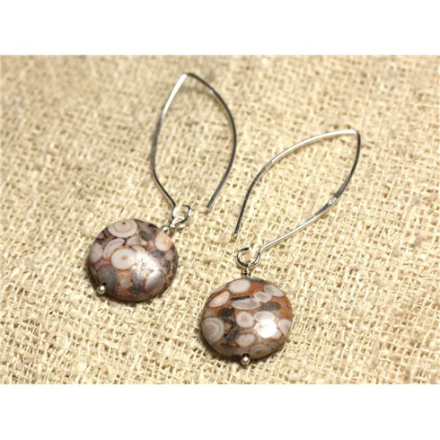 Boucles d'Oreilles Argent 925 Crochets 40mm - Jaspe Océan Palets 16mm 