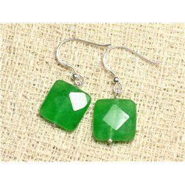 925 Silver and Stone Earrings - Green Jade Square Faceted 14mm 