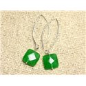 Boucles d'Oreilles Argent 925 et Pierre - Jade Verte Carrés Facettés 14mm 